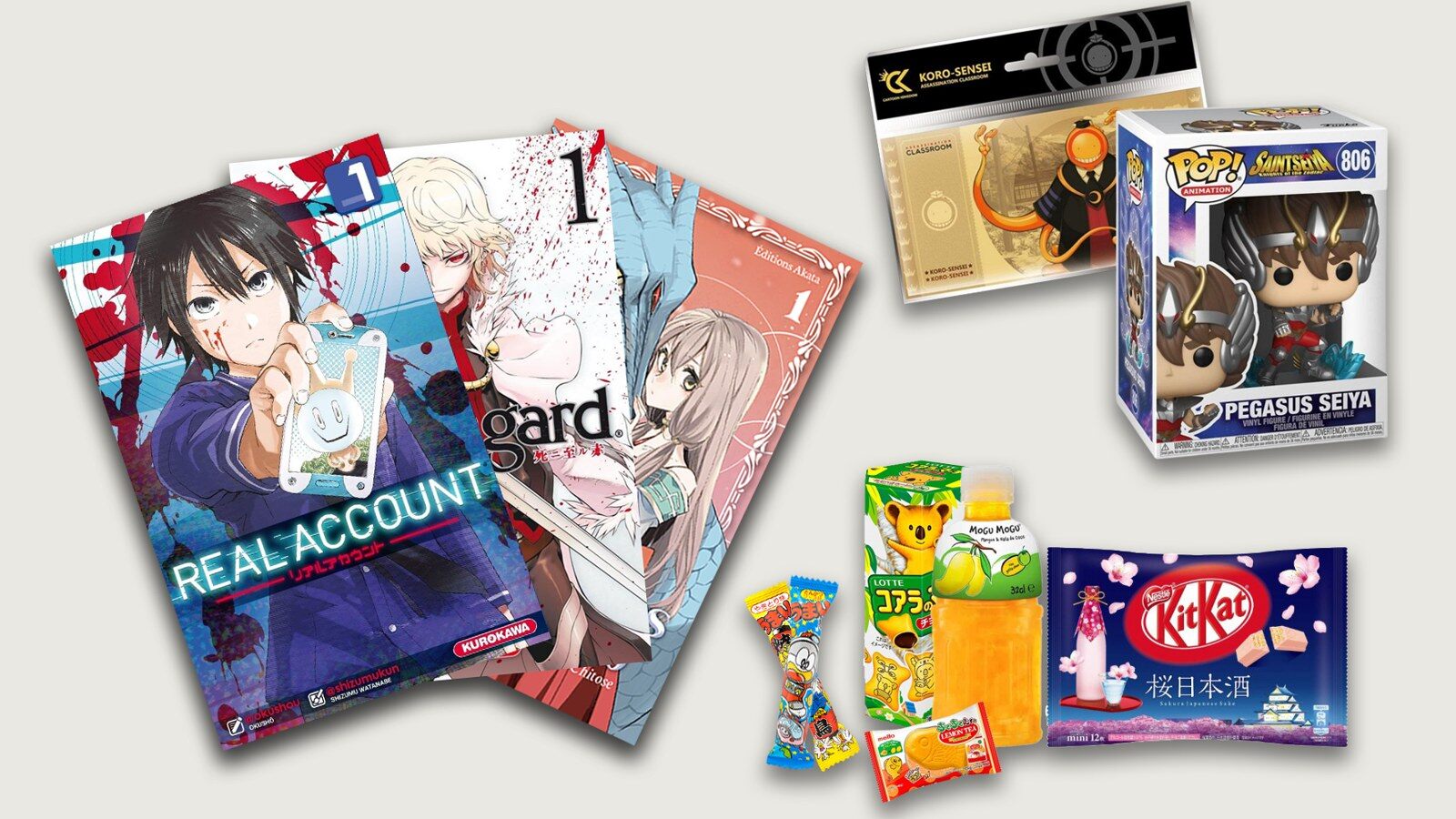 Trois tomes de manga, une Funko Pop, un goodie et des encas japonais, contenu type d’une MangaBox Classique