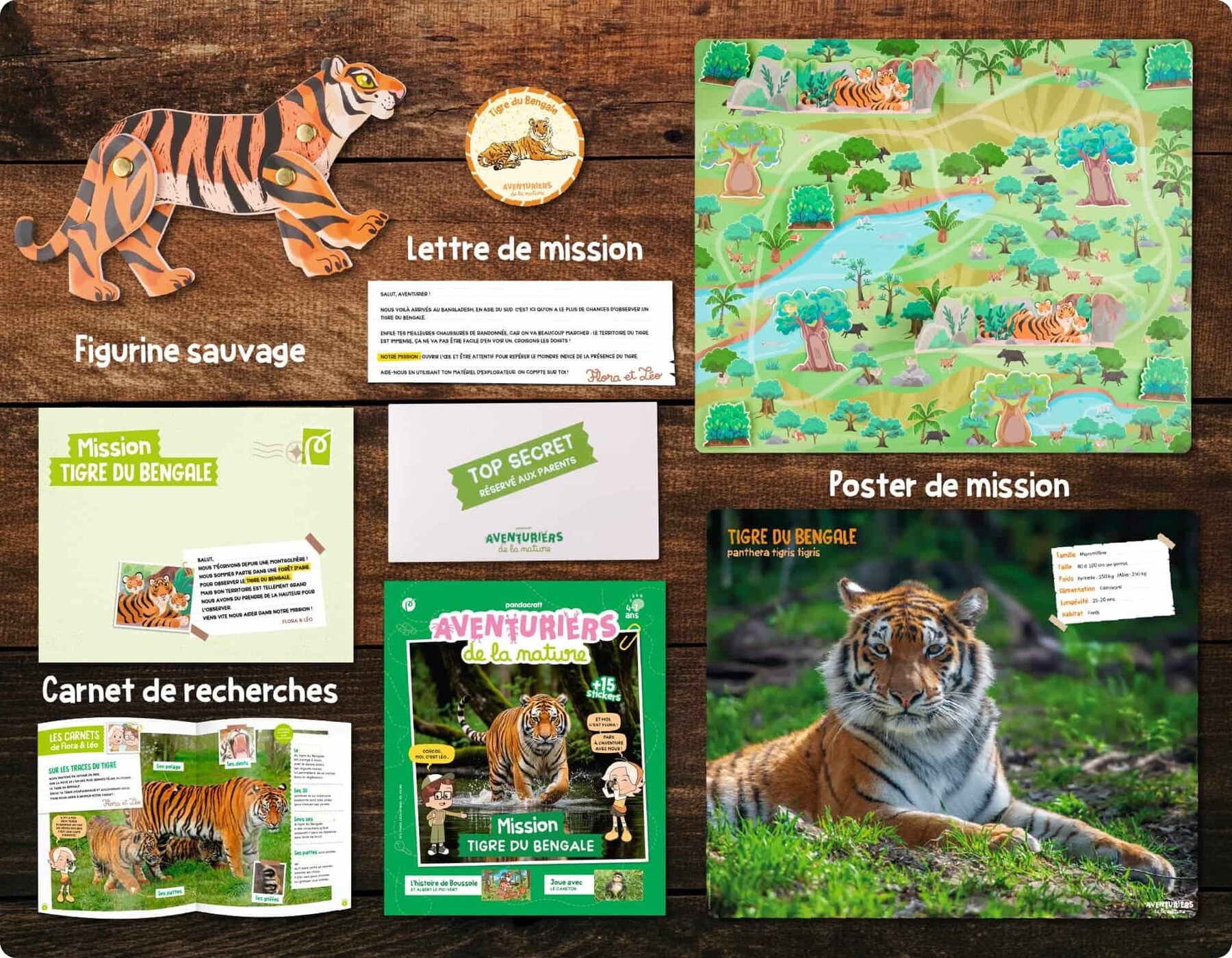 Le contenu actuel de l’abonnement Aventuriers de la Nature : figurine sauvage, lettre de mission, poster et carnet de recherches
